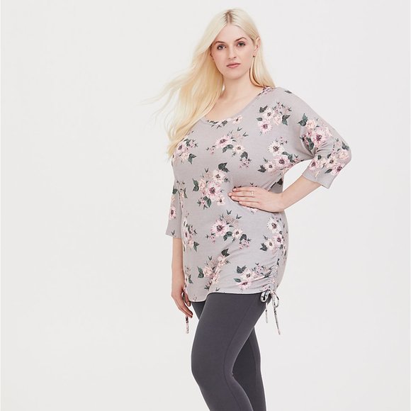 torrid Tops - Torrid Grey Floral Dolman Ruched Tunic 3X